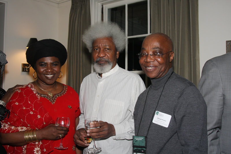 Tess Onwueme with Nobel Laureate Wole Soyinka and Abioseh Porter following her award of the Fonlon-Nichols Prize in Literature, Vermont, USA, 2009.